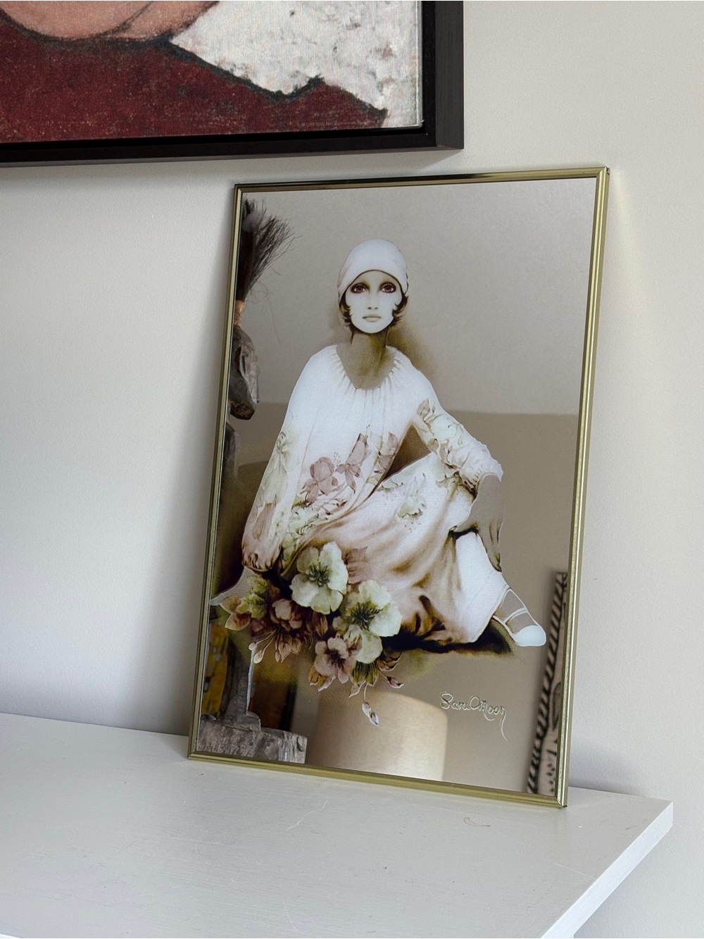 Gold Framed Mirrored Art Print Featuring Floral Portrait Sara Moon Moshgan